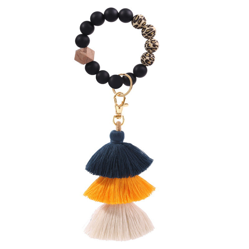 Wholesale Three Layer Cotton Tassel Silicone Bead Bracelet Keychain